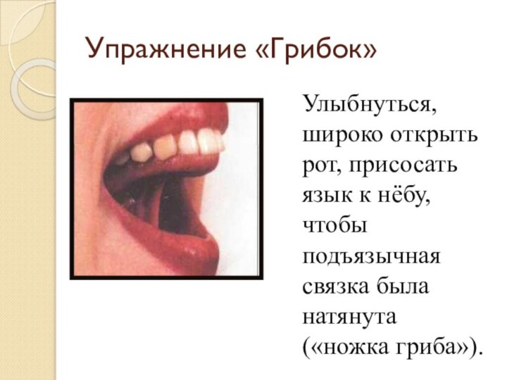 Упражнение «Грибок»Улыбнуться, широко открыть рот, присосать язык к нёбу, чтобы подъязычная связка была натянута («ножка гриба»).