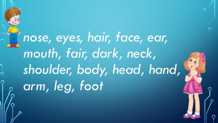nose, eyes, hair, face, ear, mouth, fair, dark, neck, shoulder, body, head, hand, arm, leg, foot