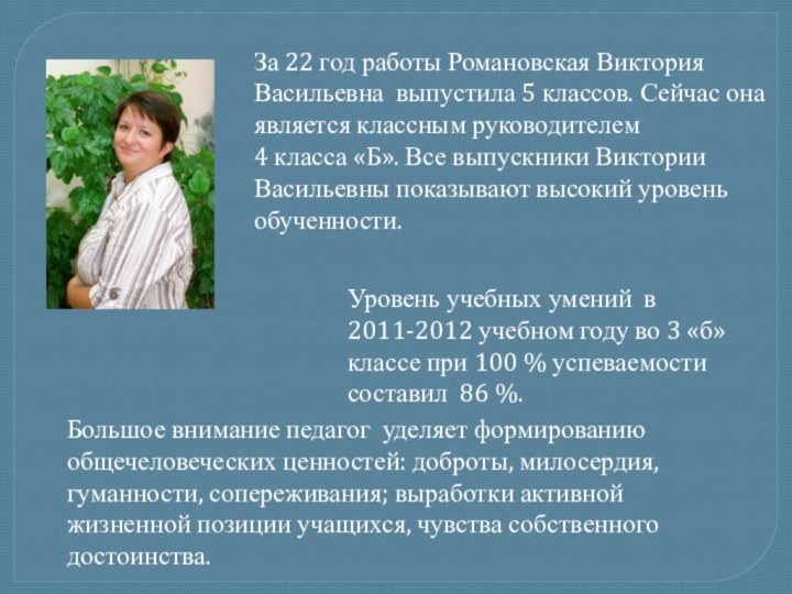 За 22 год работы Романовская Виктория Васильевна выпустила 5 классов. Сейчас она