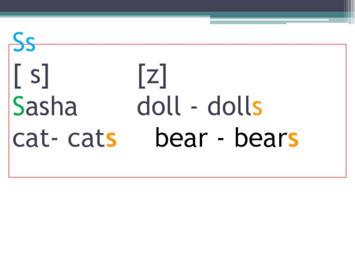 Ss  [ s] 				[z] Sasha				doll - dolls cat- cats			bear - bears