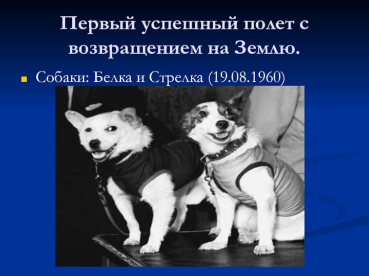 Первый успешный полет с возвращением на Землю.Собаки: Белка и Стрелка (19.08.1960)