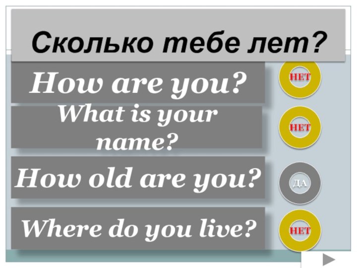 How are you?What is your name?How old are you?Where do you live?НЕТНЕТНЕТДАСколько тебе лет?