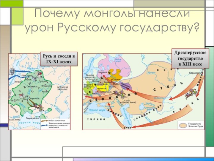 Почему монголы нанесли урон Русскому государству?Древнерусскоегосударствов XIII векеРусь и соседи в IX-XI веках